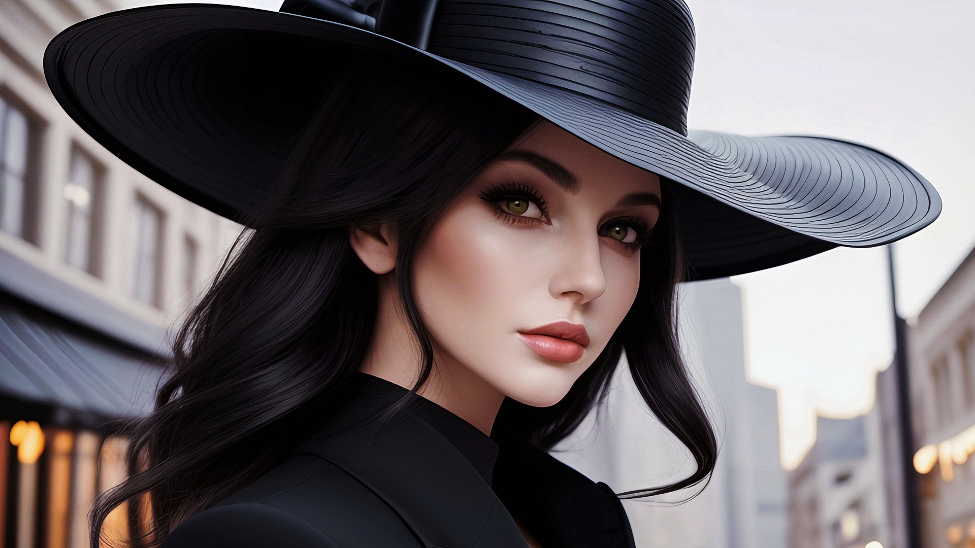 Free photo Portrait of a girl in a black hat on a city street