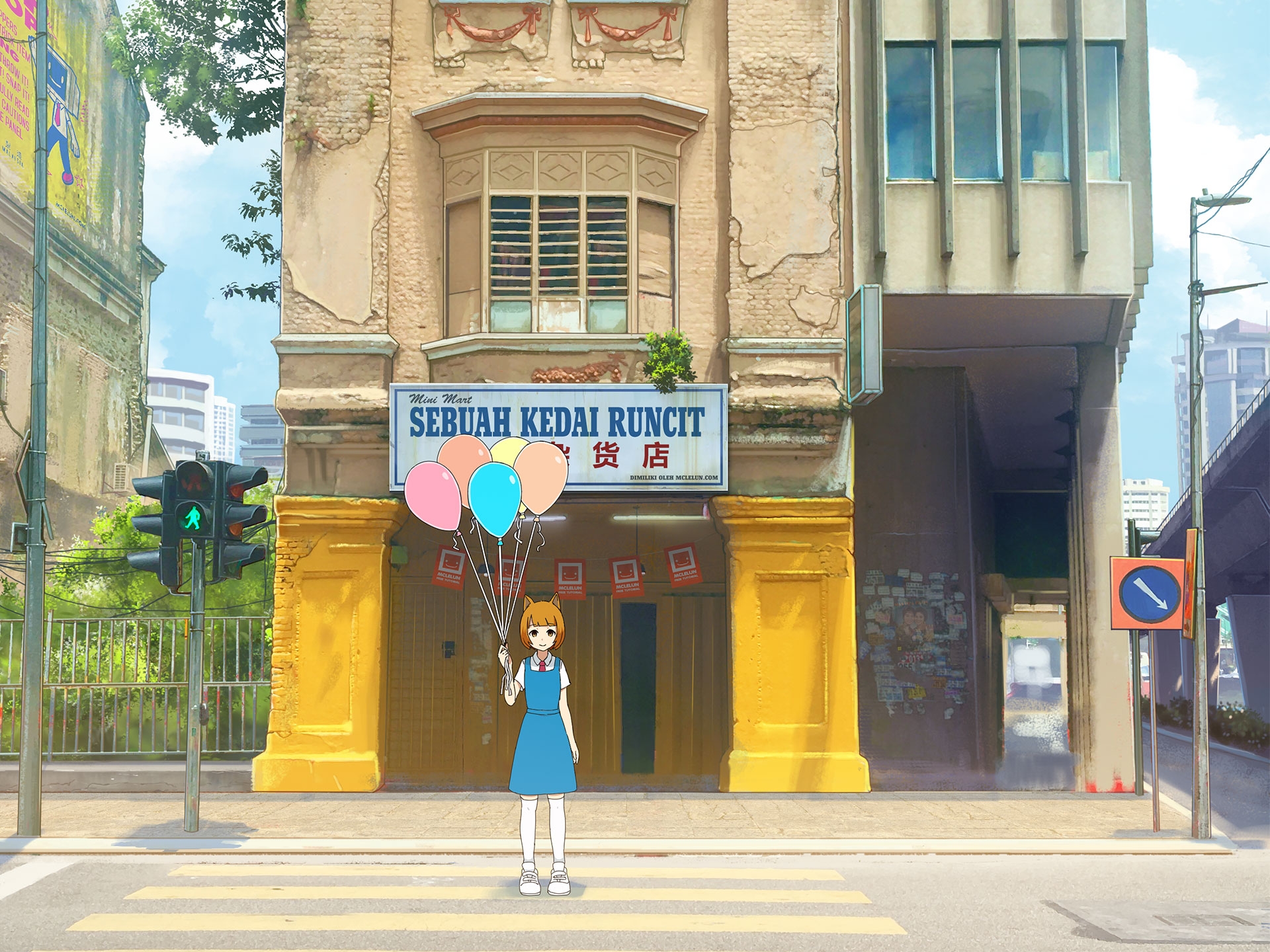 Фото обои аниме девушка, уши животных, воздушные шары, короткие волосы, здание, небо, живописный, аниме - бесплатные картинки на Fonwall