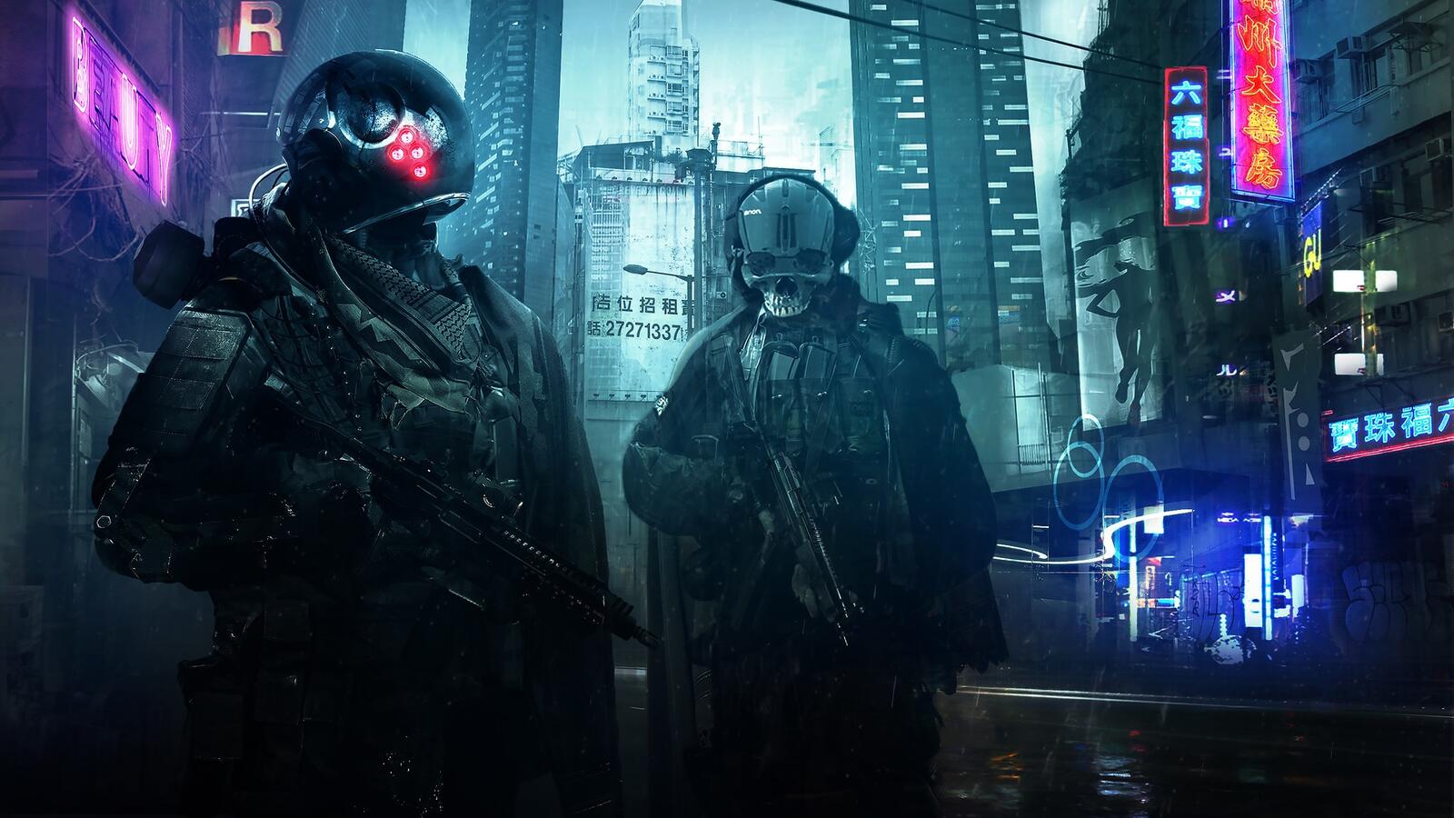 Wallpapers wallpaper futuristic cyberpunk city soldiers on the desktop