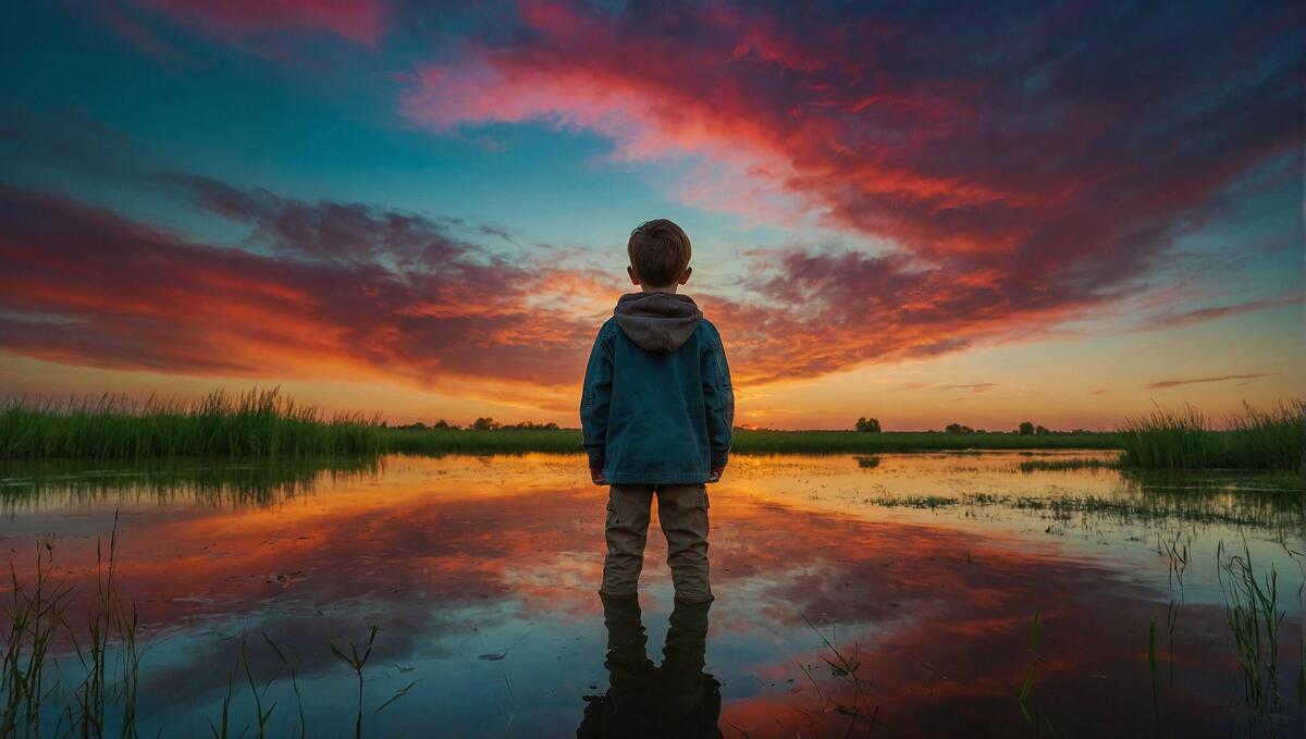 A man stands in the water with the sunset behind him