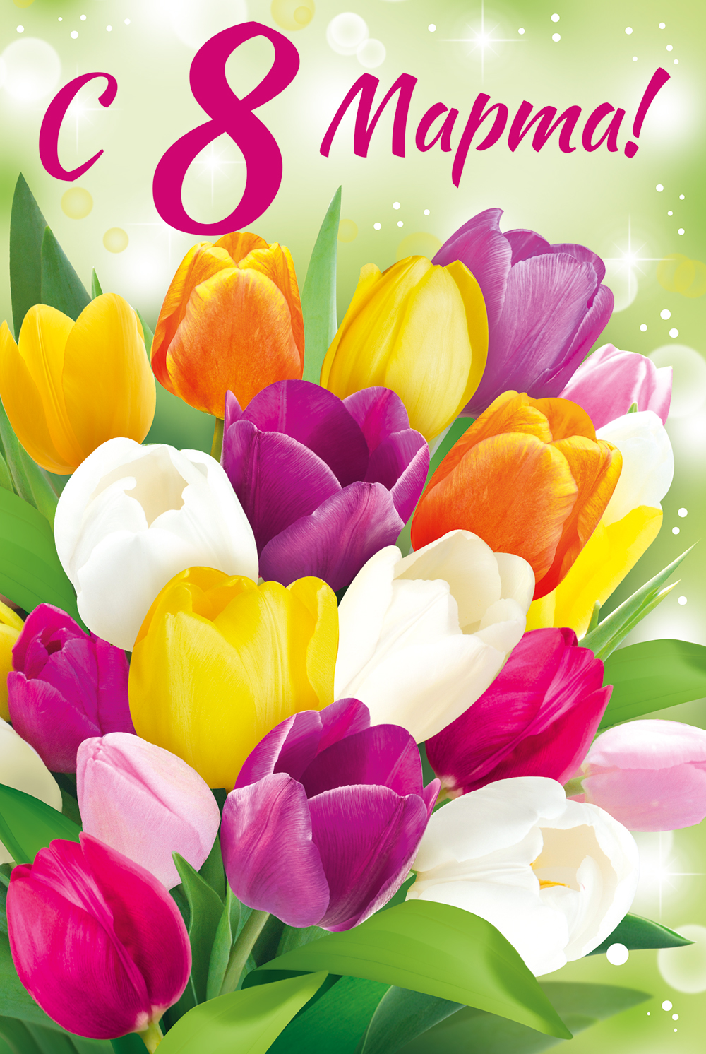Бесплатная открытка Цветные тюльпаны на 8 марта