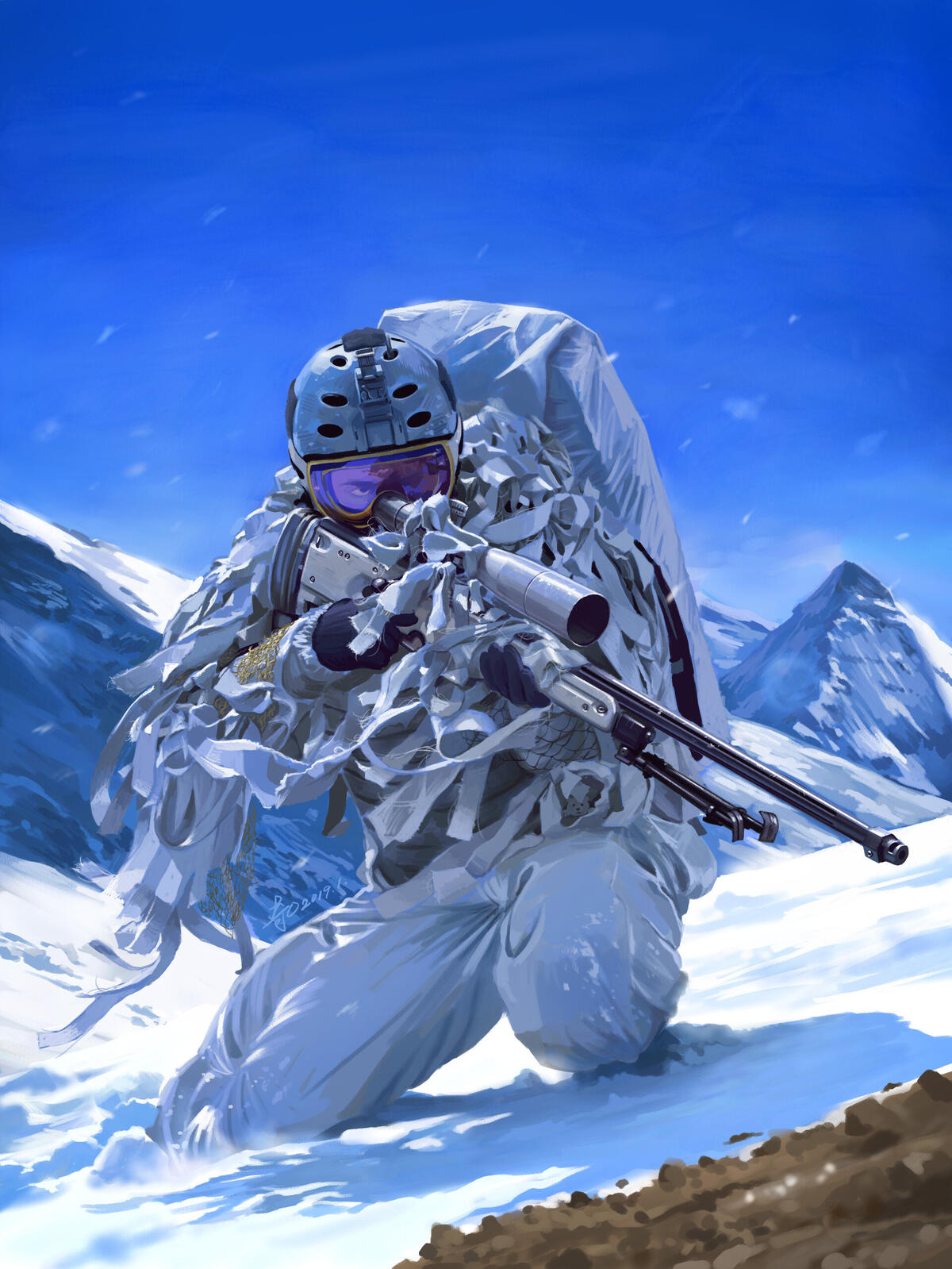 Солдат снайпер в белом зимнем камуфляже с винтовкой