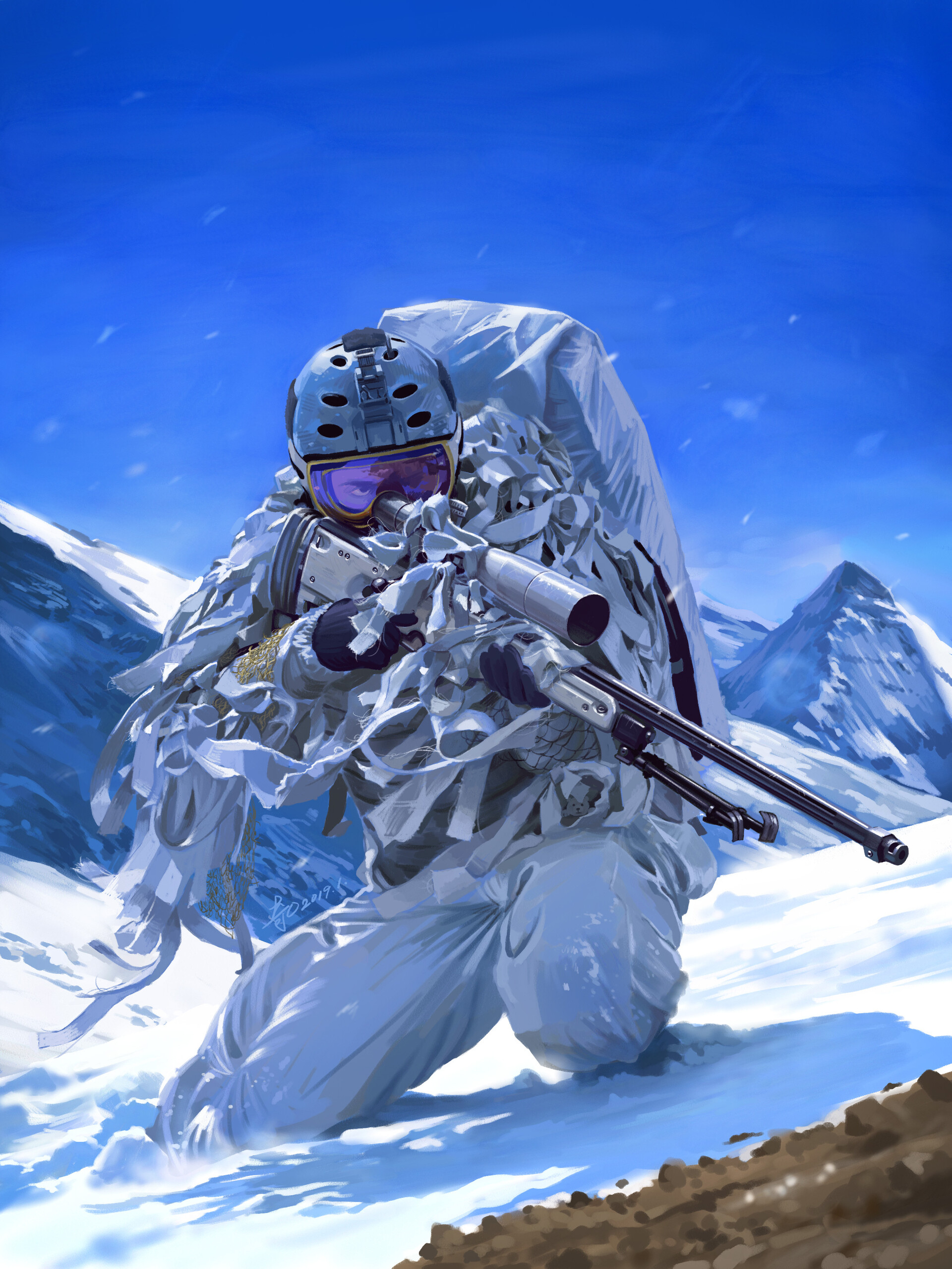 Бесплатное фото Солдат снайпер в белом зимнем камуфляже с винтовкой