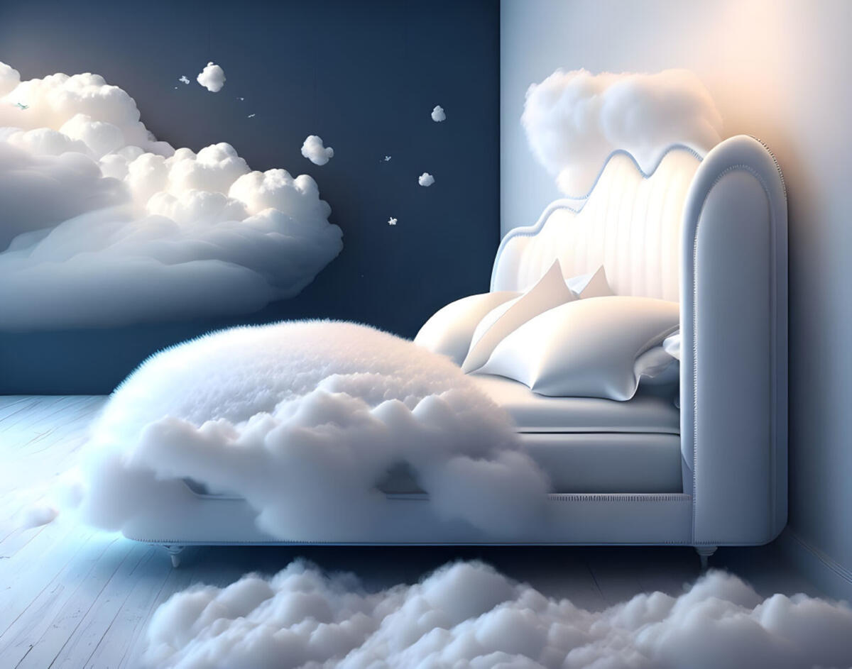 Белая кровать в облаках