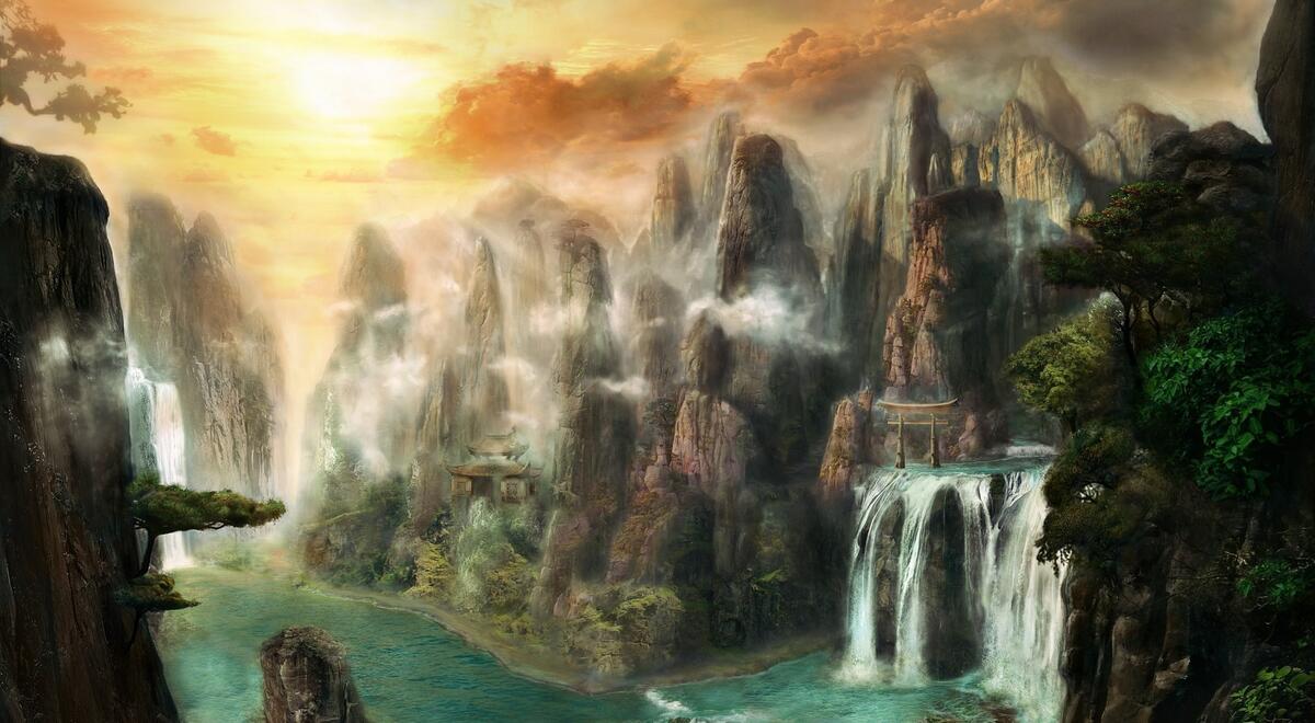 Фантастическая местность с водопадами