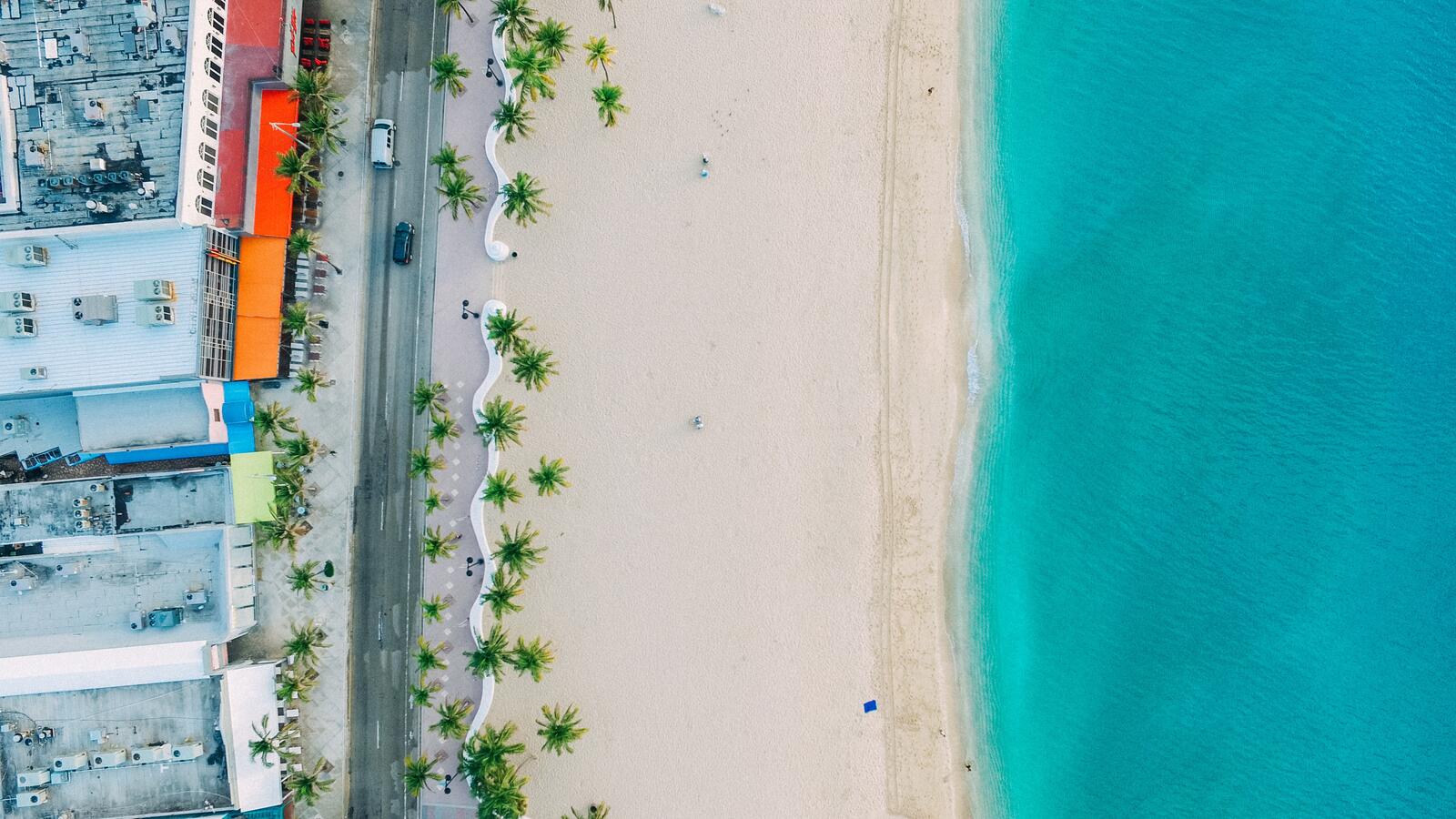 Вид с высоты на пляж с пальмами