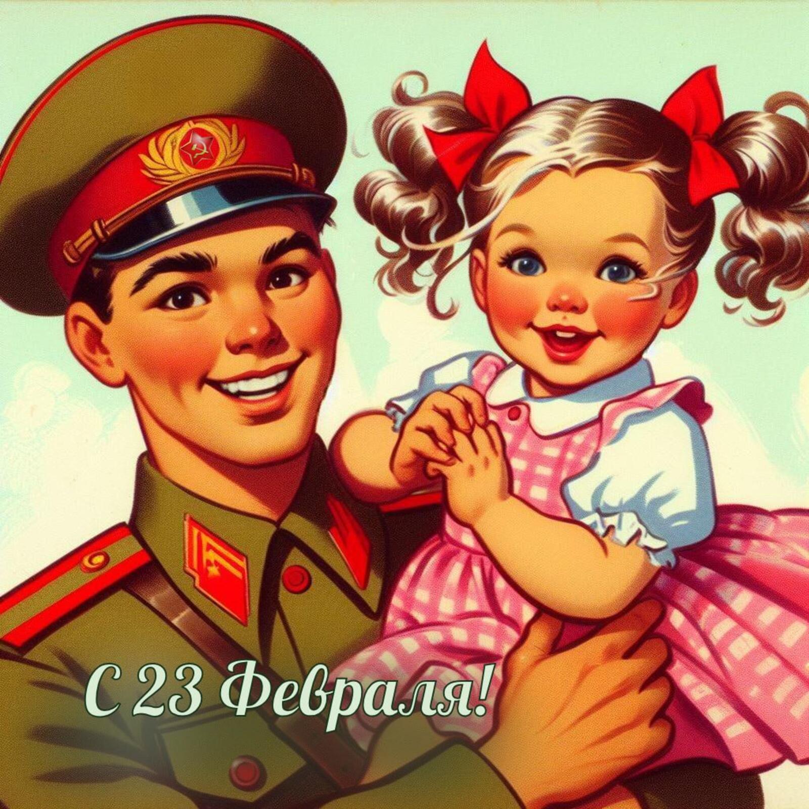 Happy February 23rd vintage postcard with USSR soldier