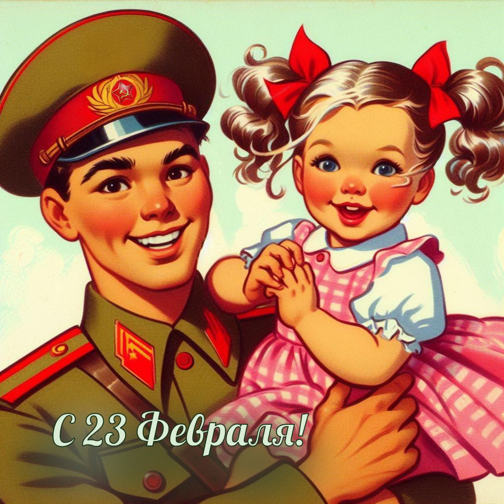 Free postcard Happy February 23rd vintage postcard with USSR soldier