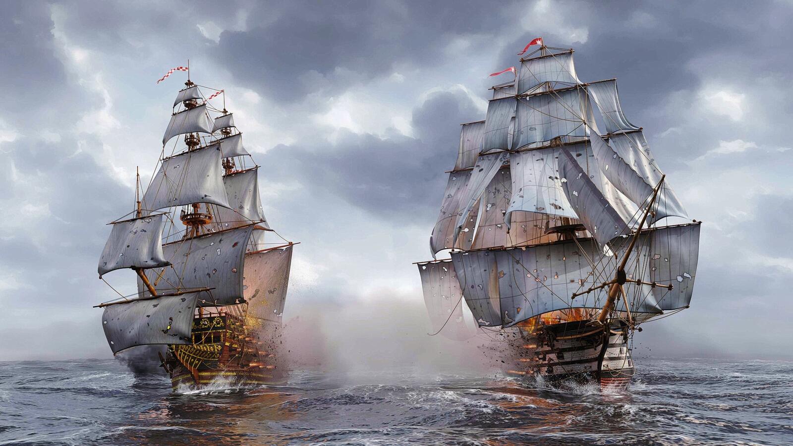 Free photo Naval combat with large pirate ships