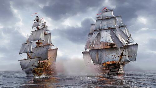 Морской бой с большими пиратскими кораблями
