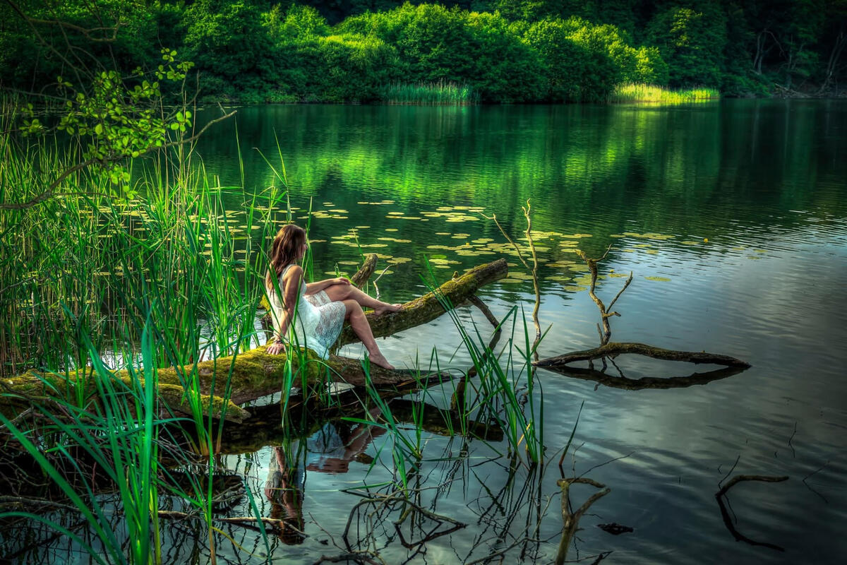 Девушка сидит на упавшем дереве у озера