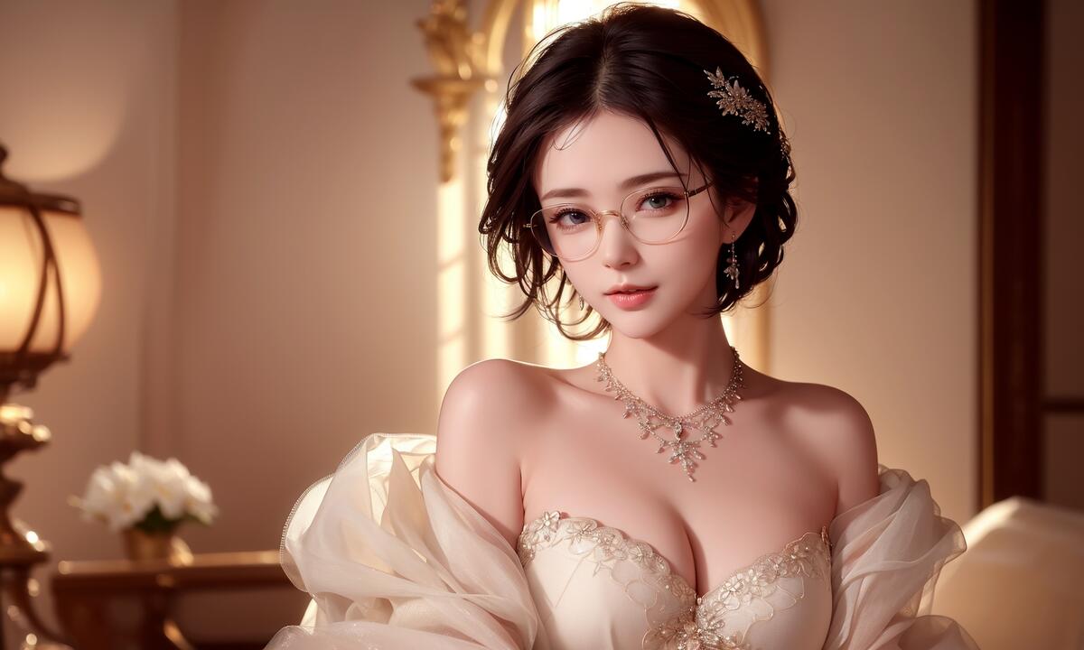 Asian woman with glasses in a wedding dress