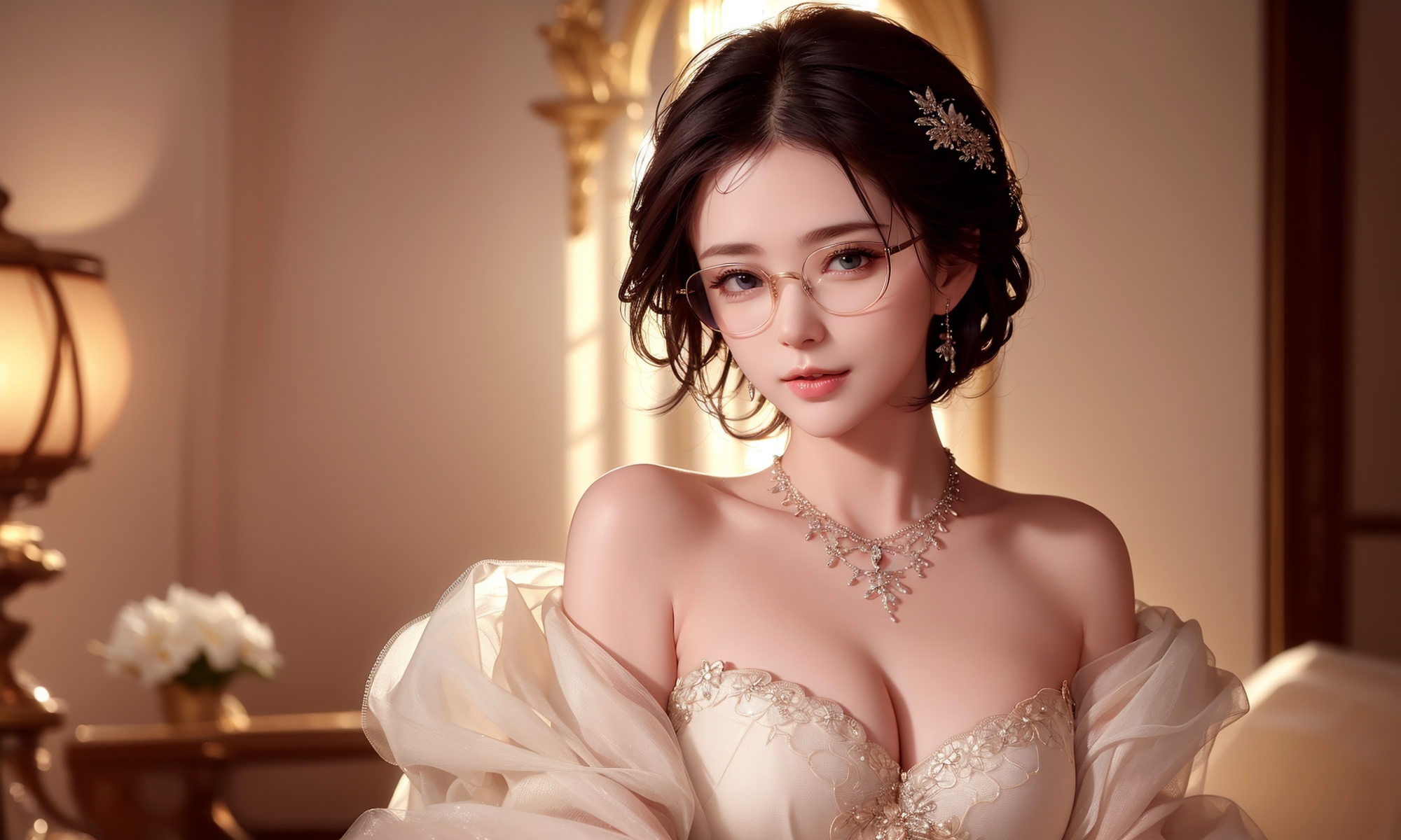 Азиатка в очках в свадебном платье