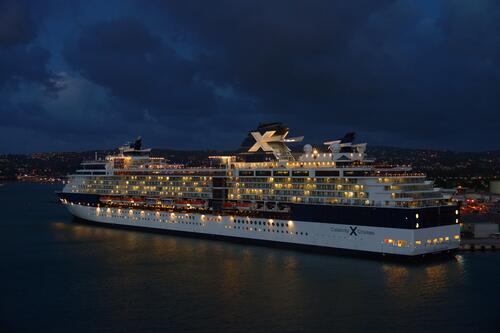 A large cruise ship on the night sea surface
