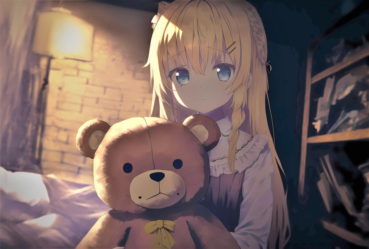 抱着泰迪熊的动漫女孩