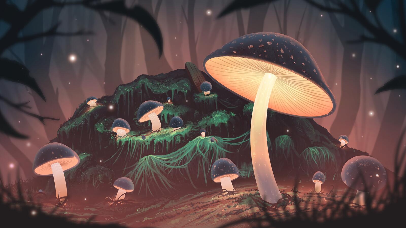 Free photo Luminous mushrooms in a fantasy forest