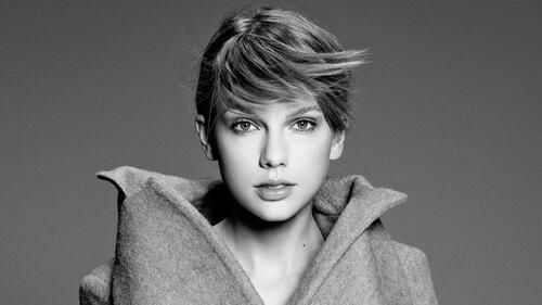 A monochrome portrait of Taylor Swift