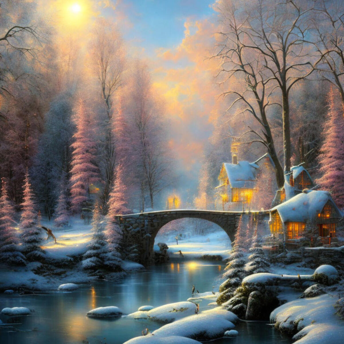 Dawn in the forest by the river with a cabin in wintertime