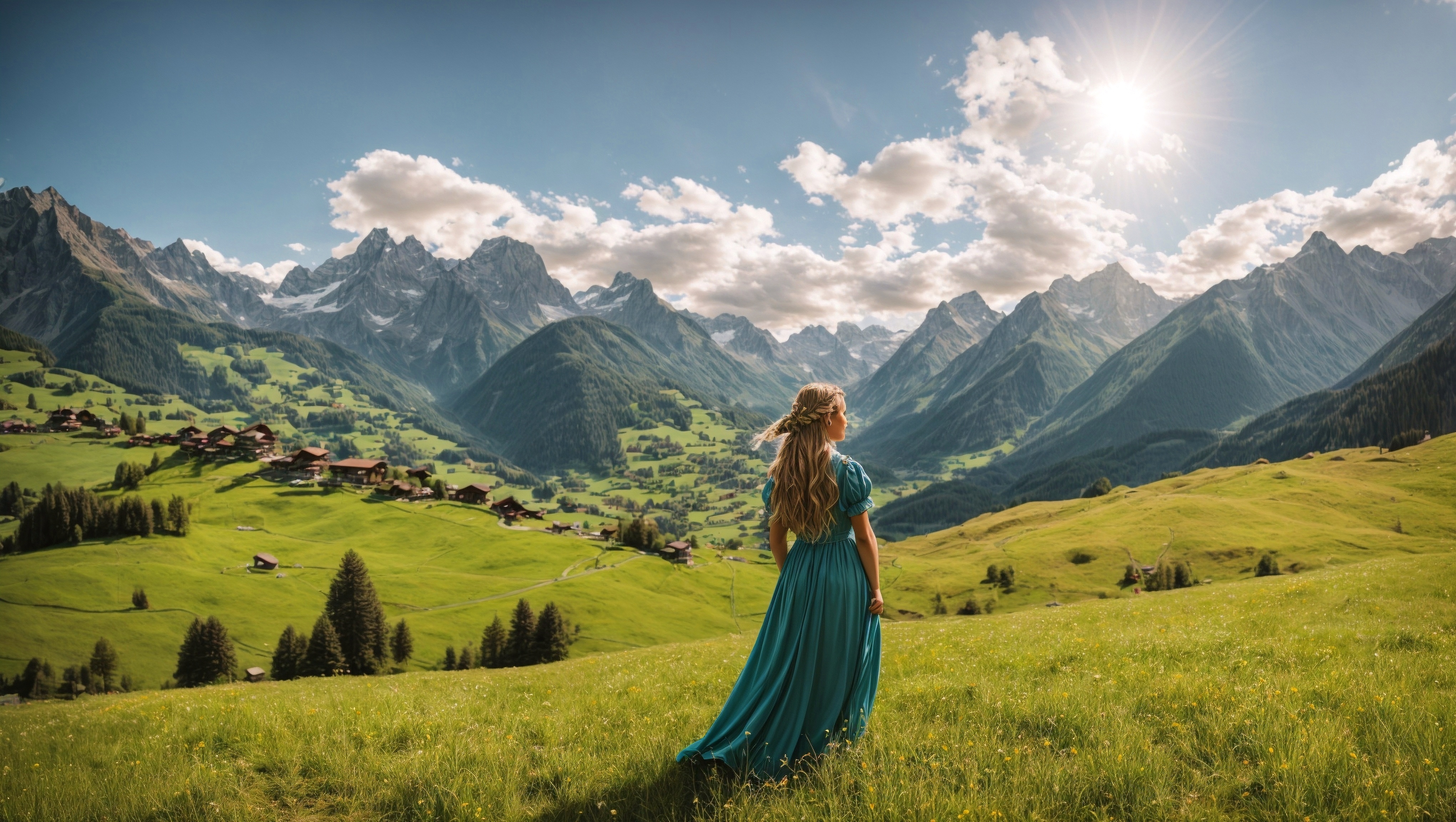 The woman is standing near the mountains looking at something
