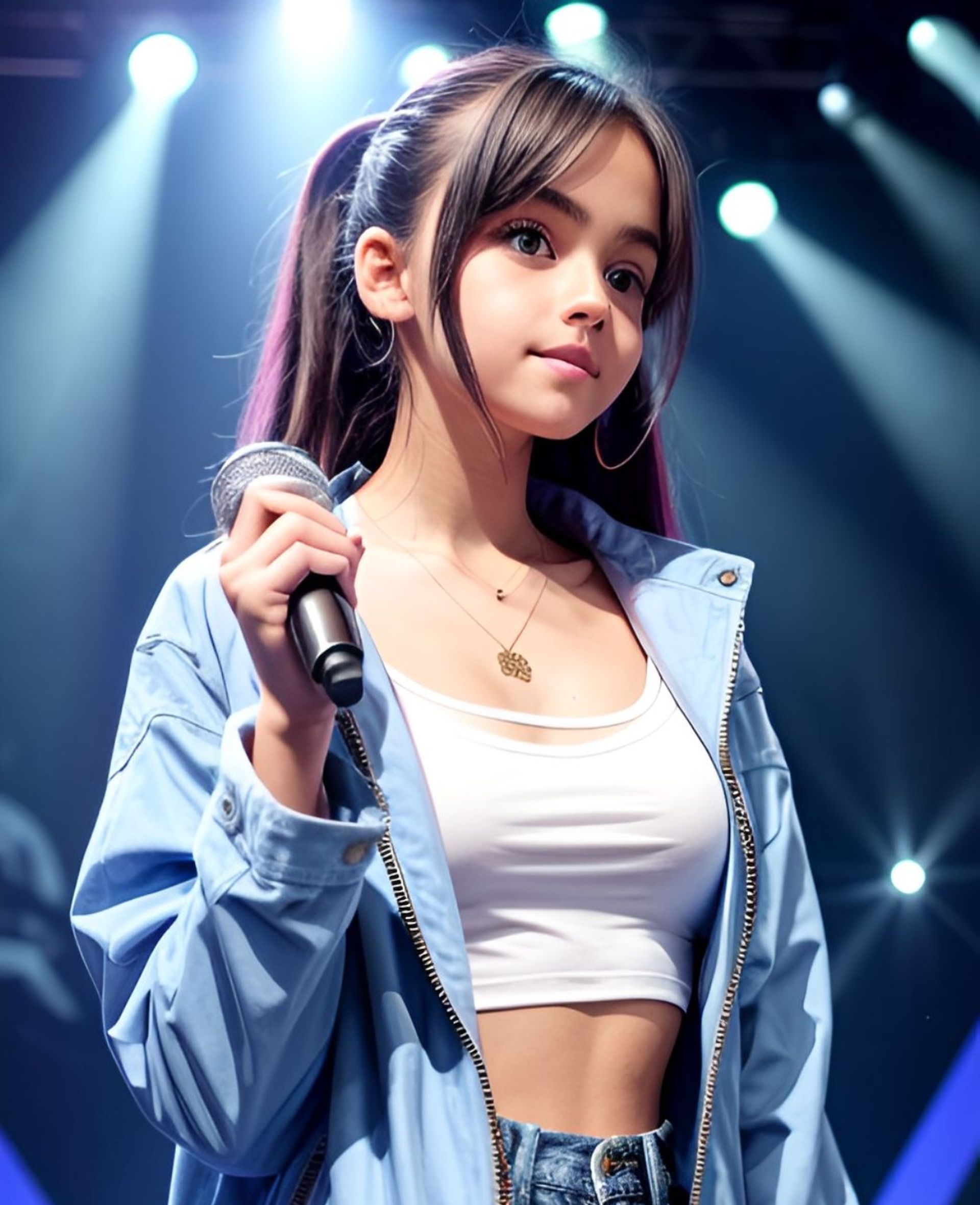 Free photo Girl, with microphone in hand, standing on stage, photo