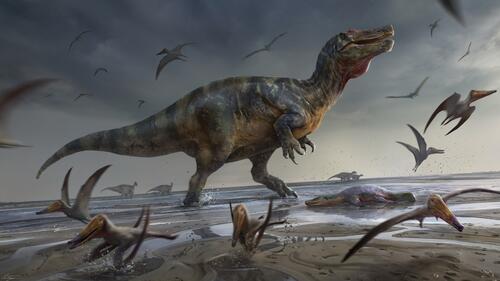 Охота динозавра на пляже