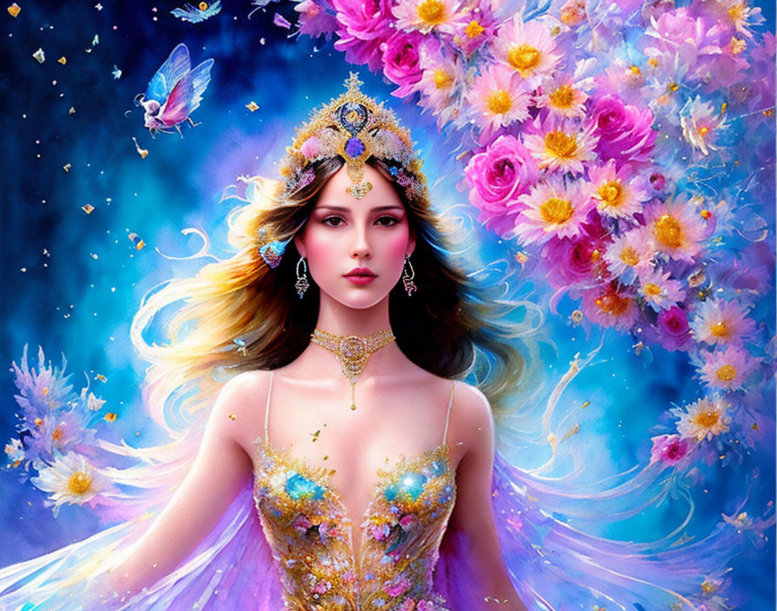 Free photo Drawing of a princess girl on a background of sky with flowers