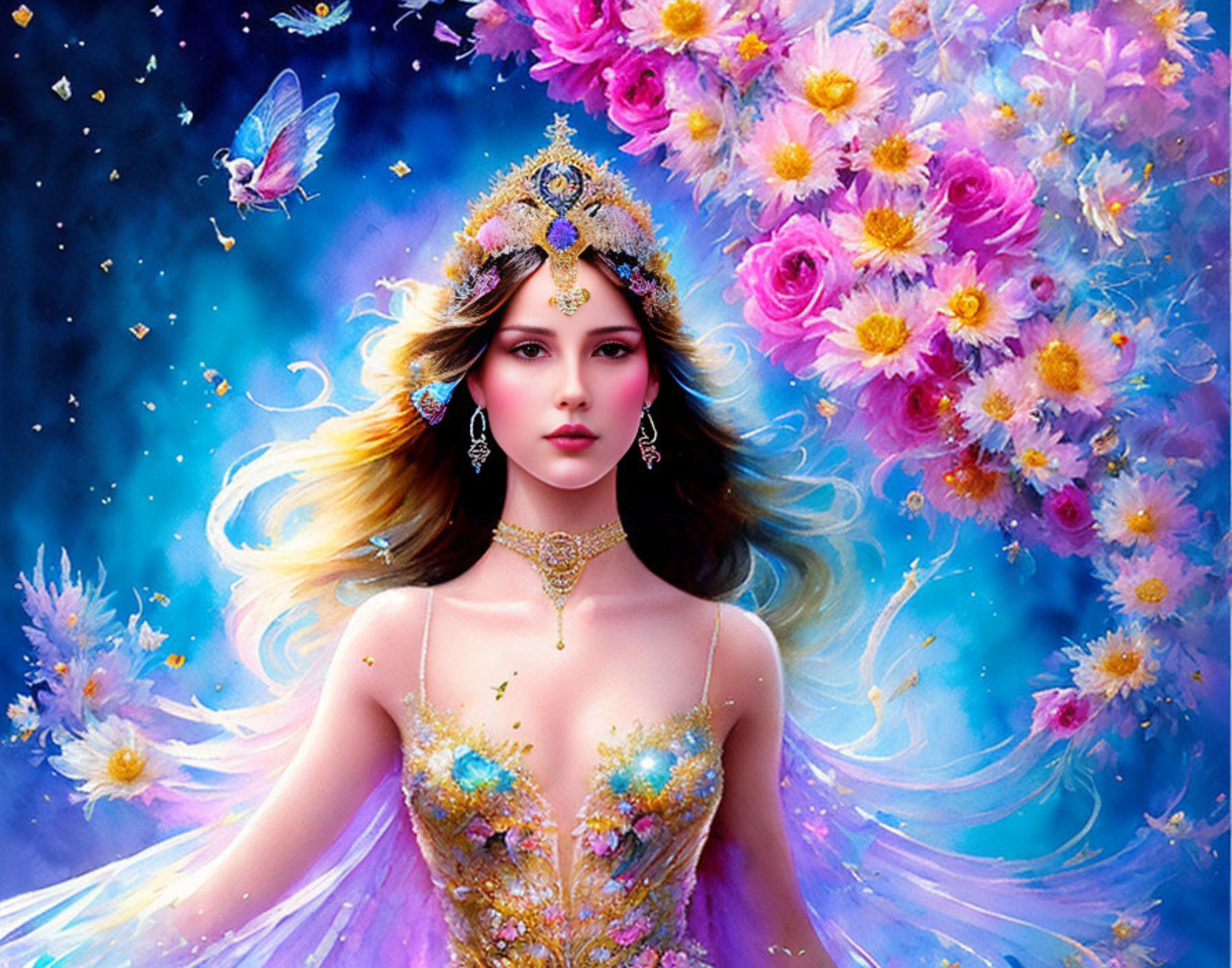 Рисунок девушки принцессы на фон небо с цветами