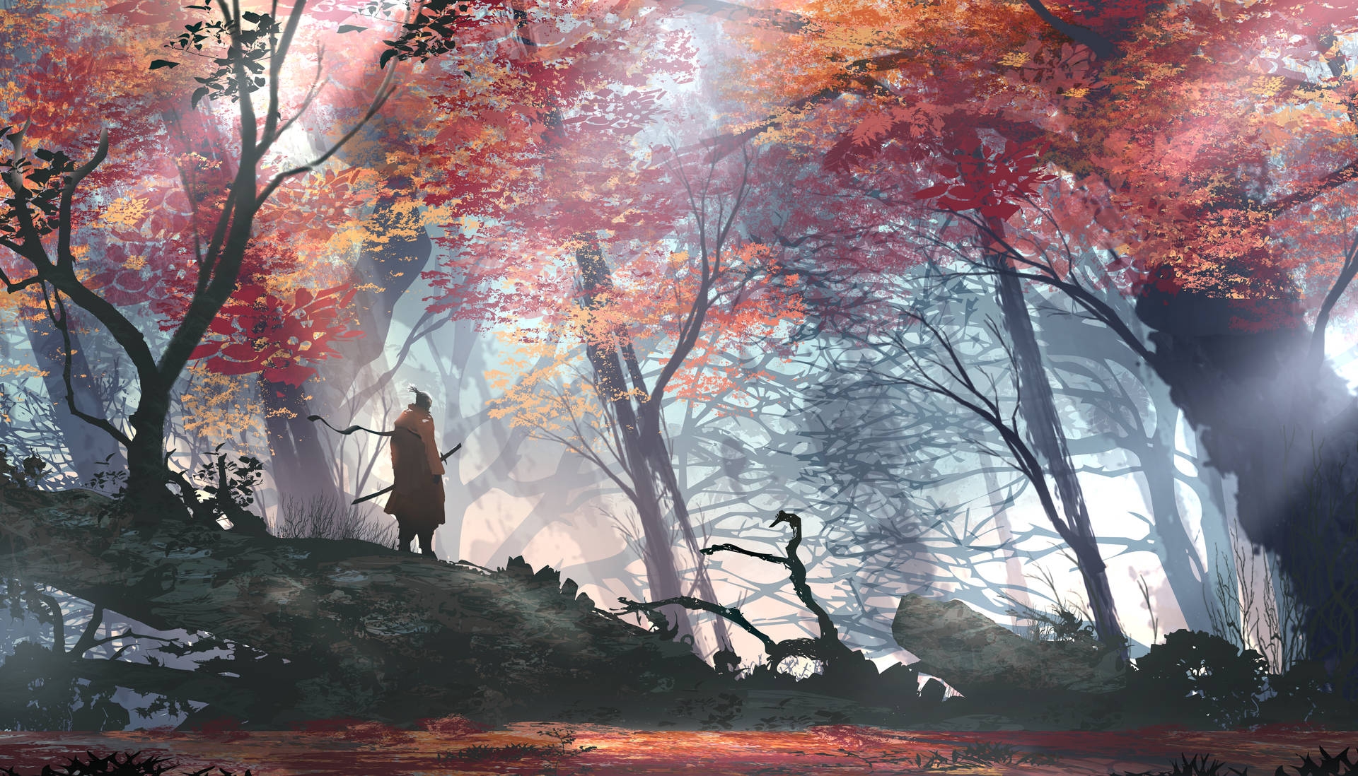A rendering of a picture of a samurai in the woods