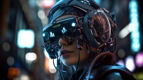 Futuristic portrait of a girl wearing future glasses and headphones