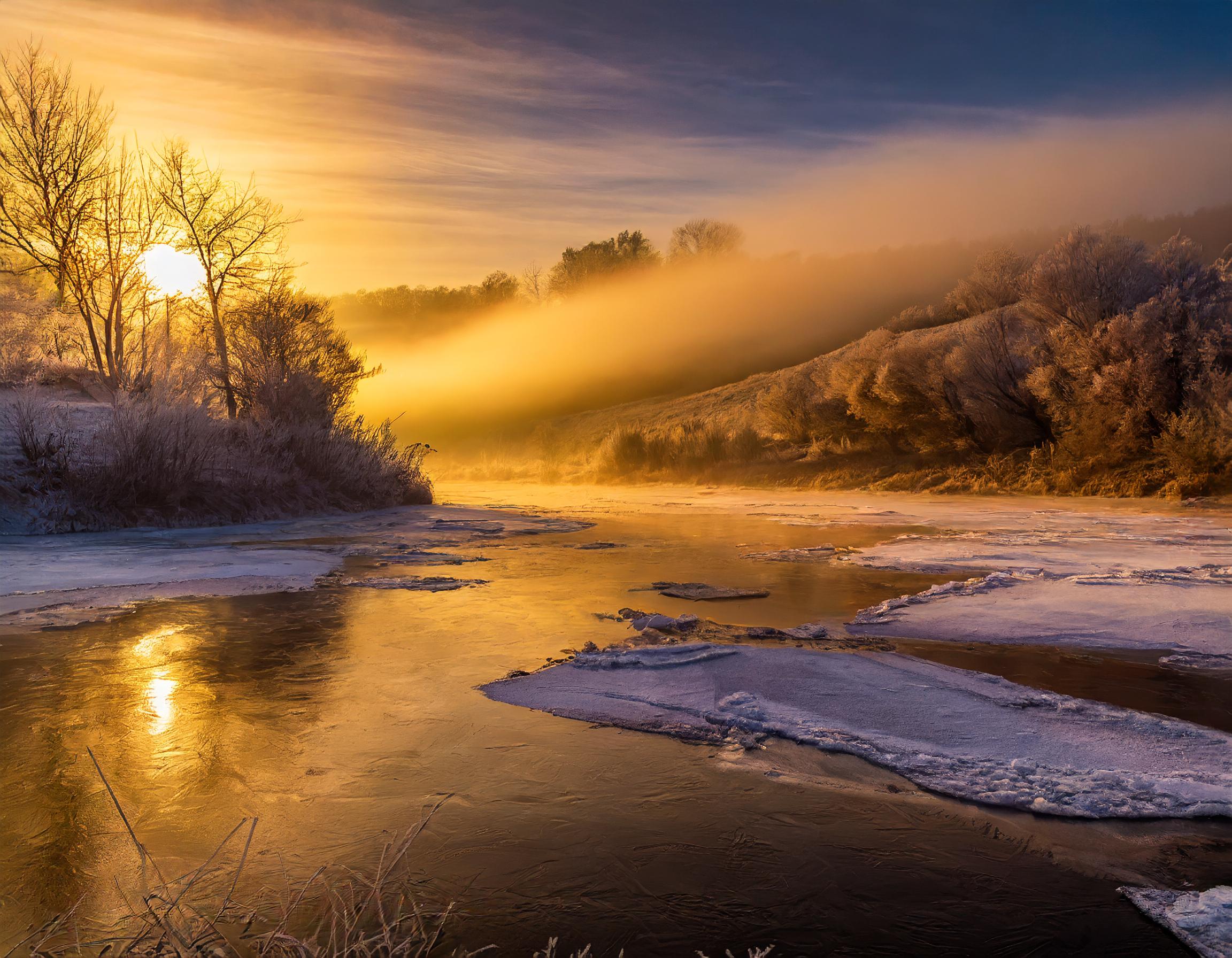 Frosty dawn over the Yenisei River