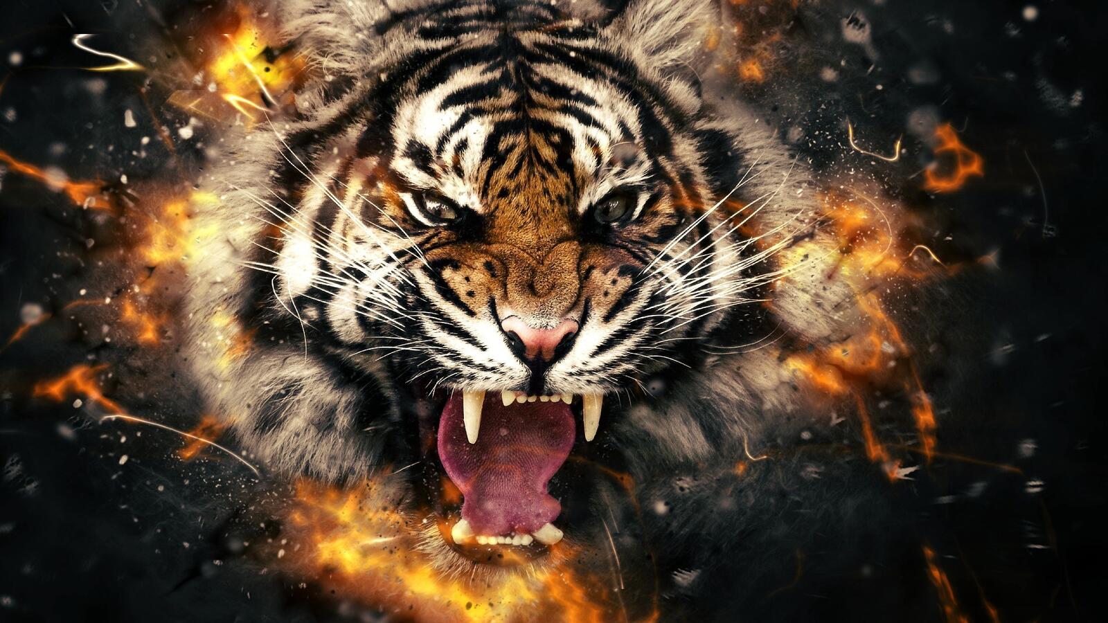 Free photo Rendering of a picture of a tiger on fire