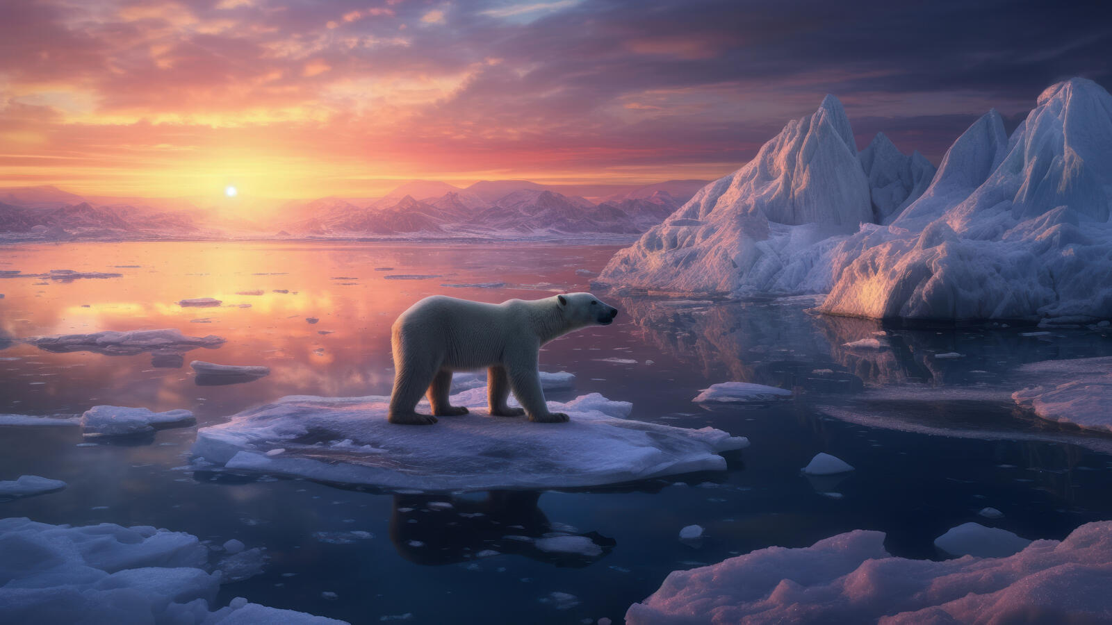Free photo A polar bear floats on a block of ice