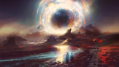 Futuristic landscape with astronauts on an unknown planet near a black hole
