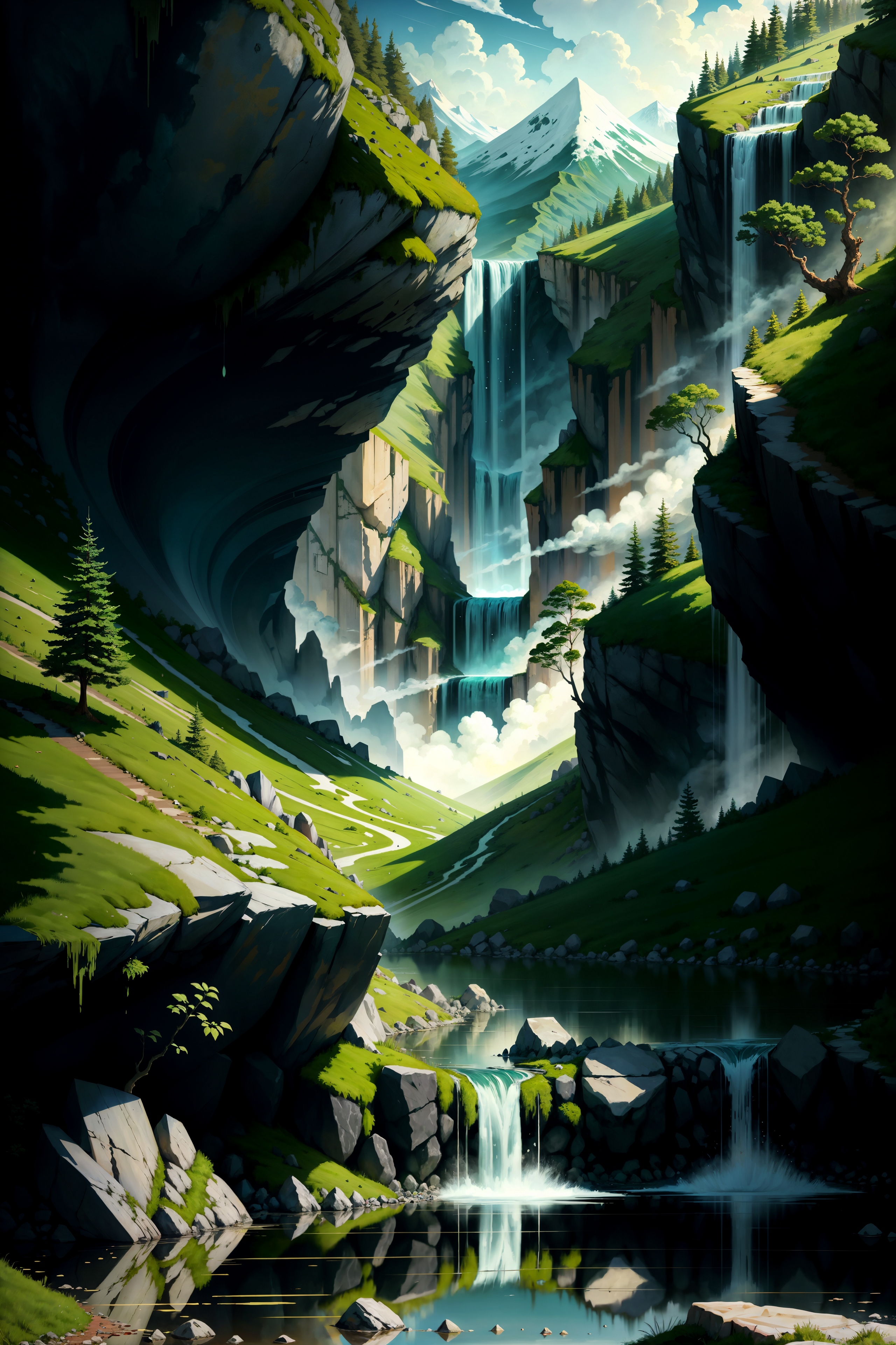 Бесплатное фото Фантастические горные пейзажи с водопадами