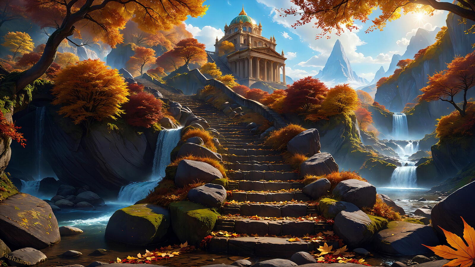 Бесплатное фото Храм в горах и каменная лестница