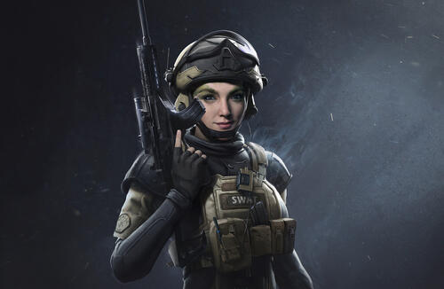 Girl soldier in helmet with automatic rifle