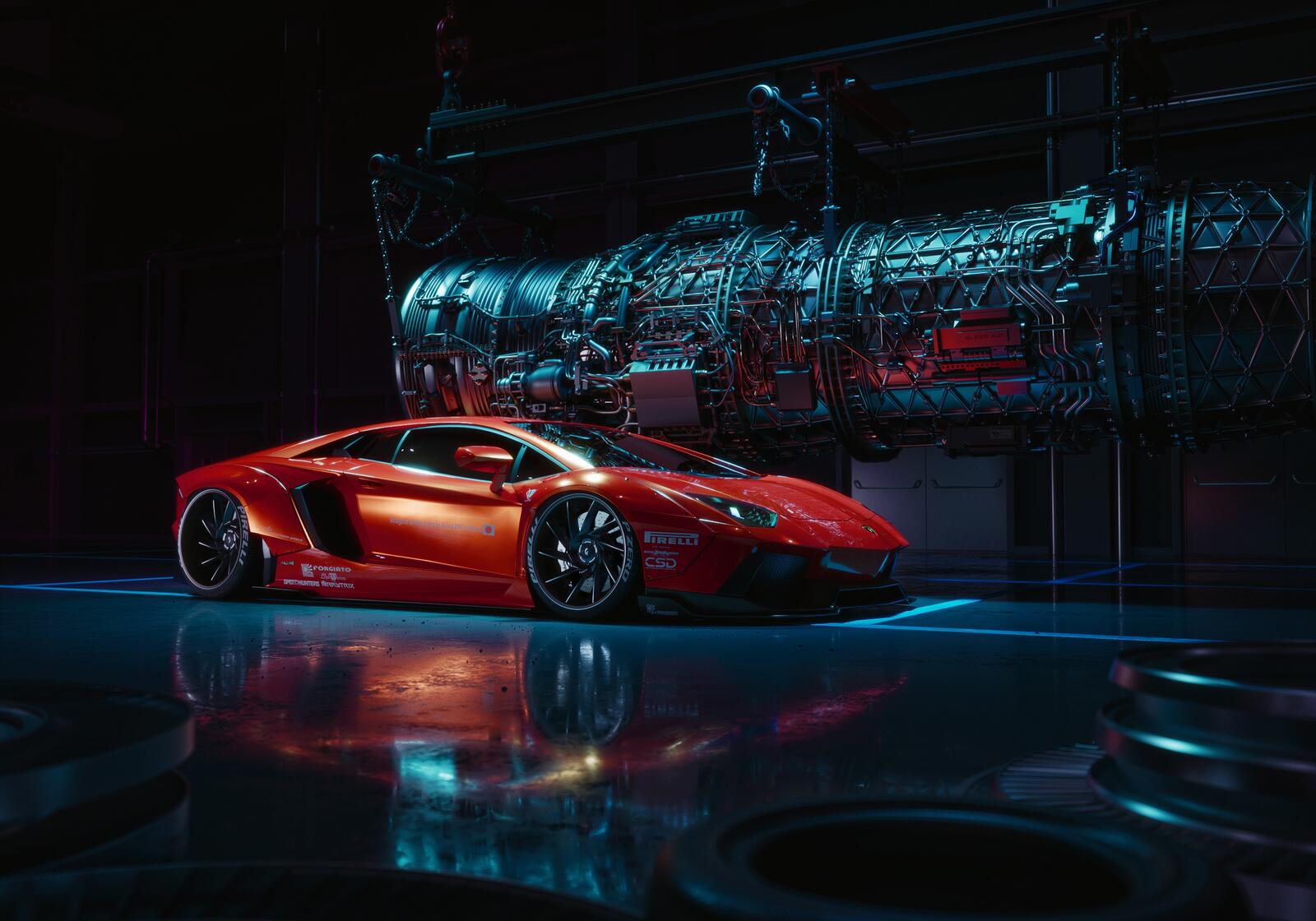 Free photo Red Lamborghini Aventador in a dark futuristic hangar