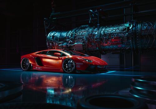 Red Lamborghini Aventador in a dark futuristic hangar