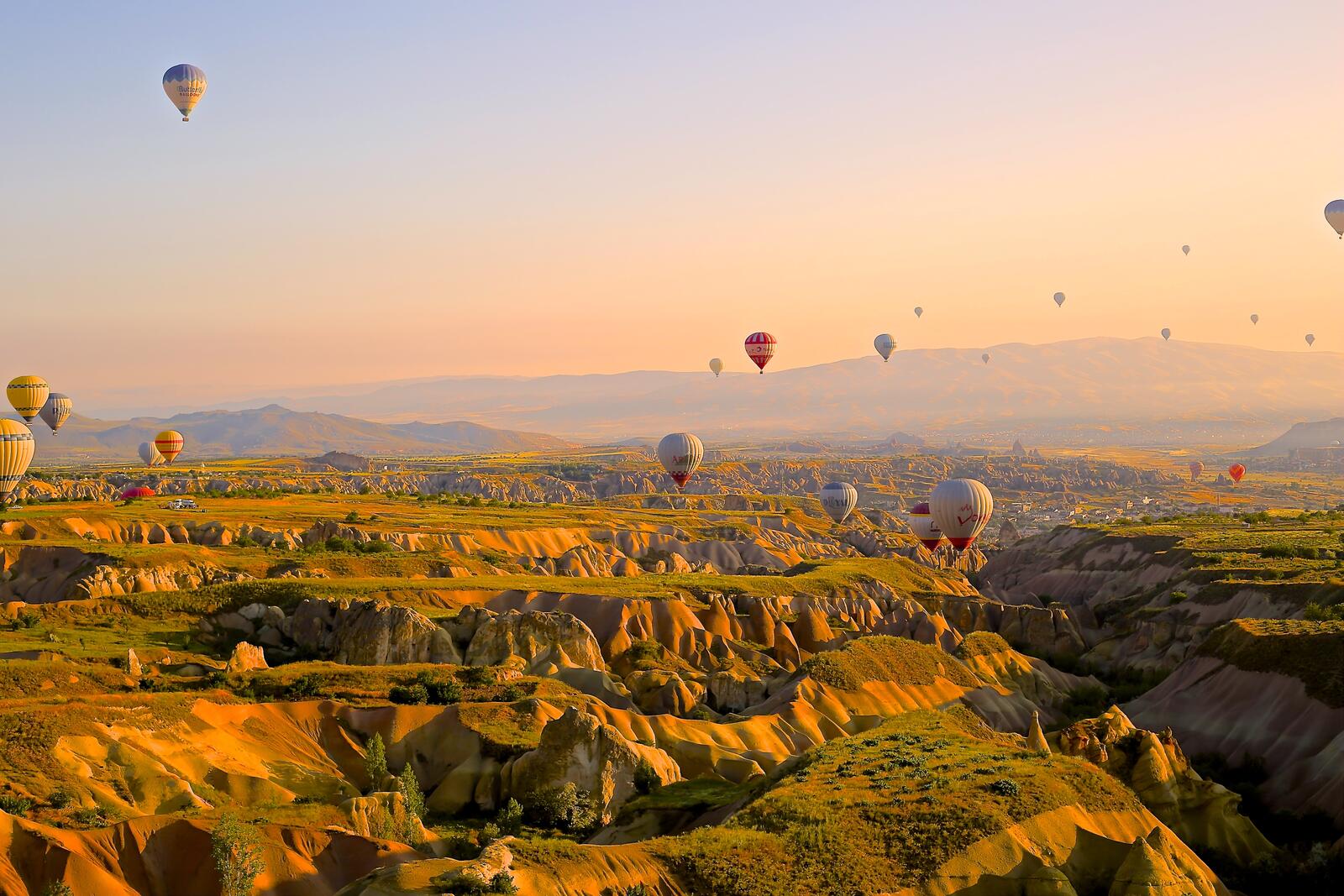 Бесплатное фото Множество воздушных шаров летит в небе на закате дня