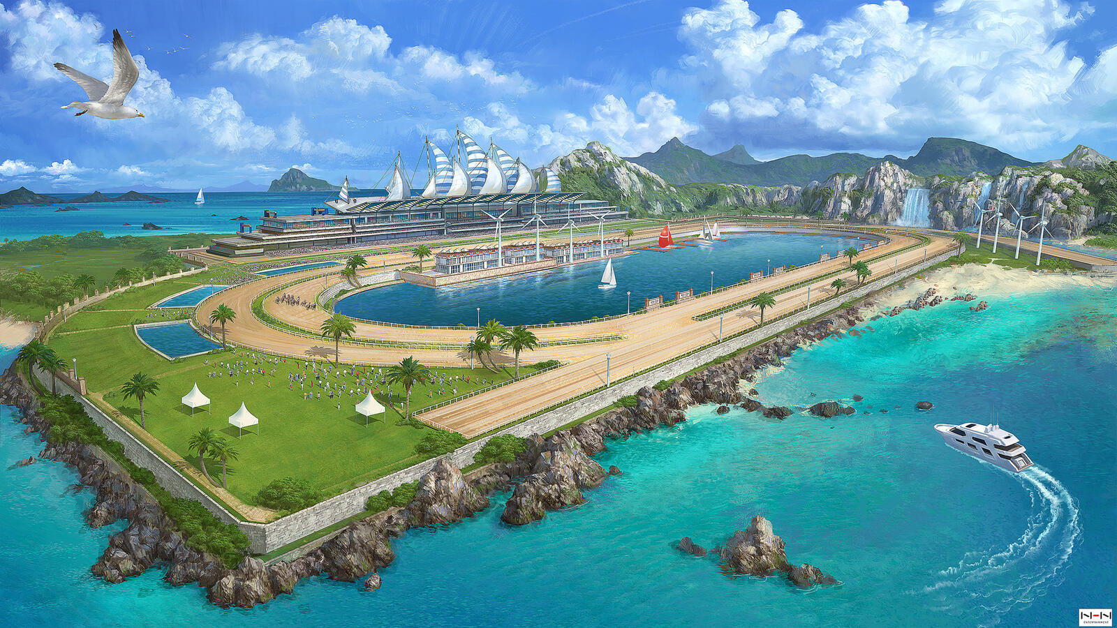 Бесплатное фото Рисунок города будущего с огромным бассейном