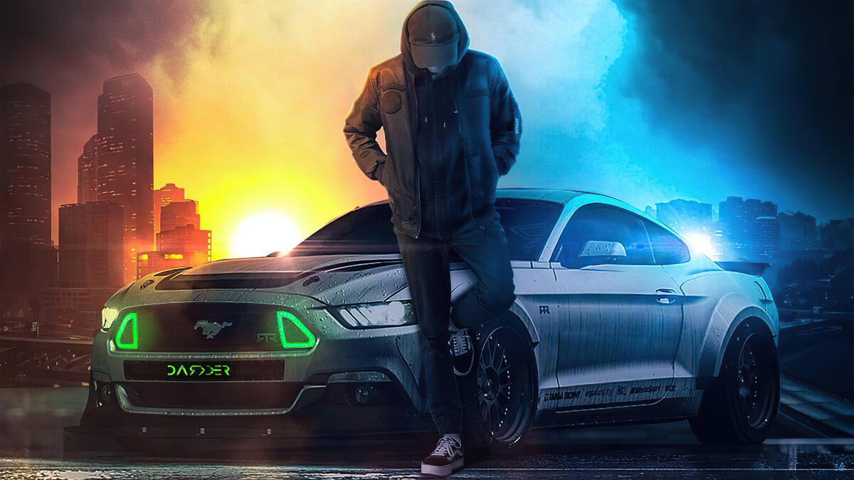Rendering of a young guy in a hood with a mustang in the background
