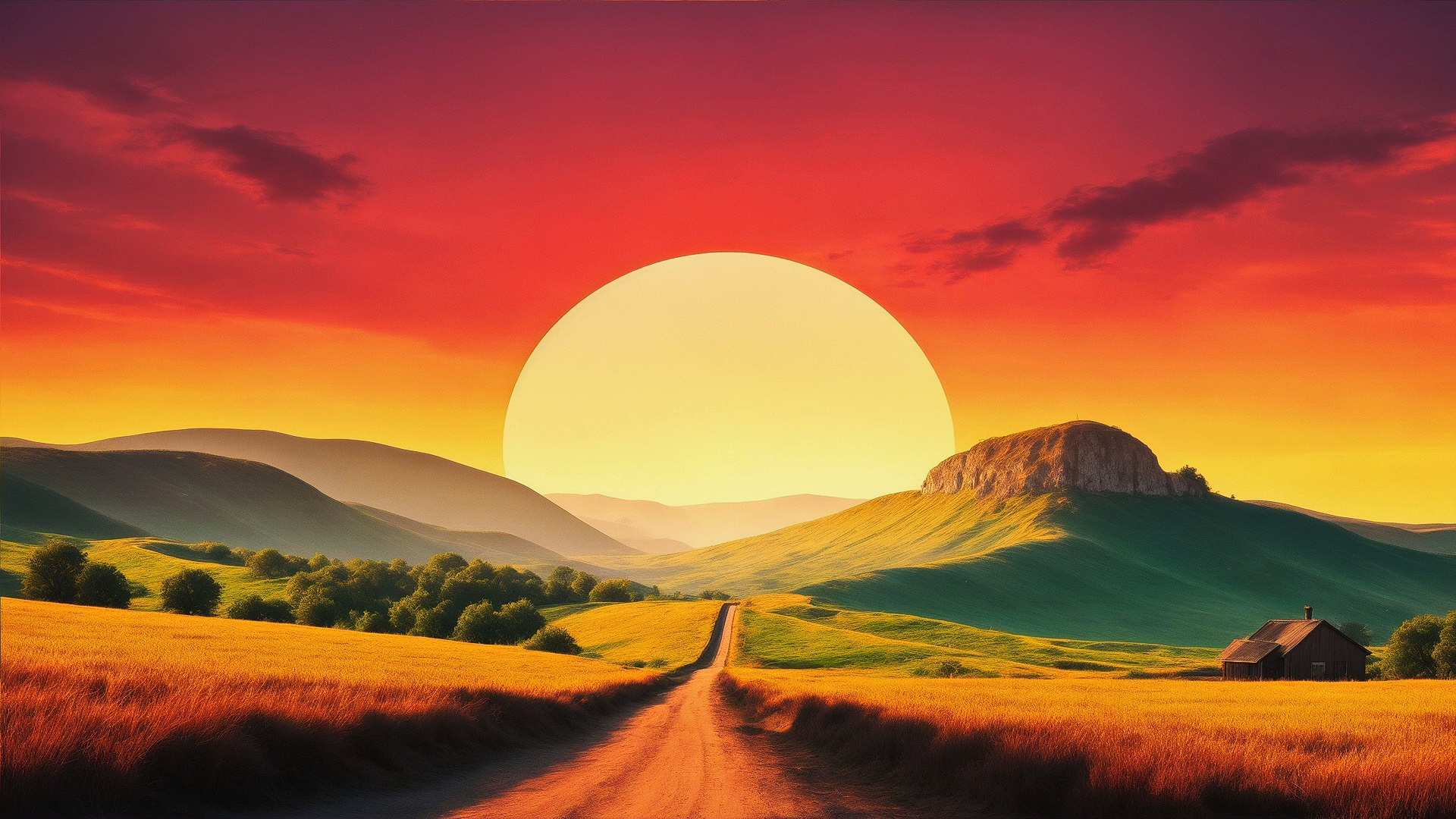 Рисунок солнечный закат и поля