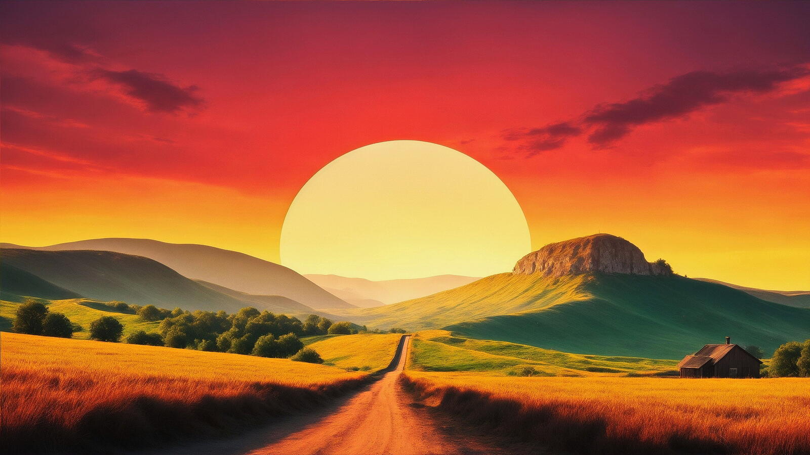 Бесплатное фото Рисунок солнечный закат и поля