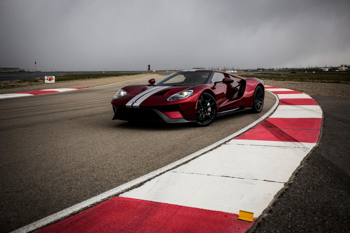 The Ford GT is a beautiful dark red color