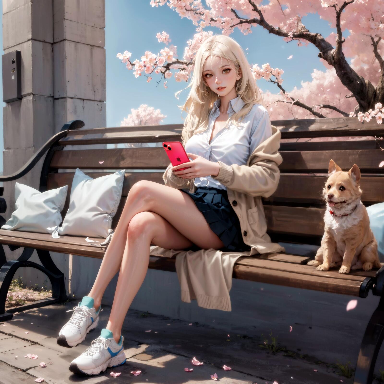免费照片一幅画，画中一个女孩带着一只狗坐在公园的长椅上。