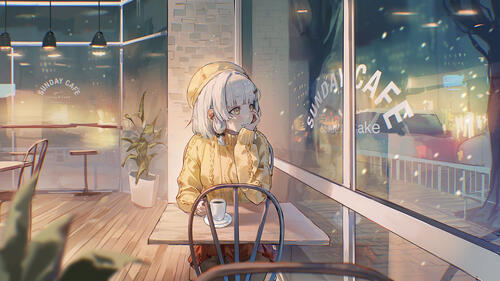 Anime girl sitting by the window