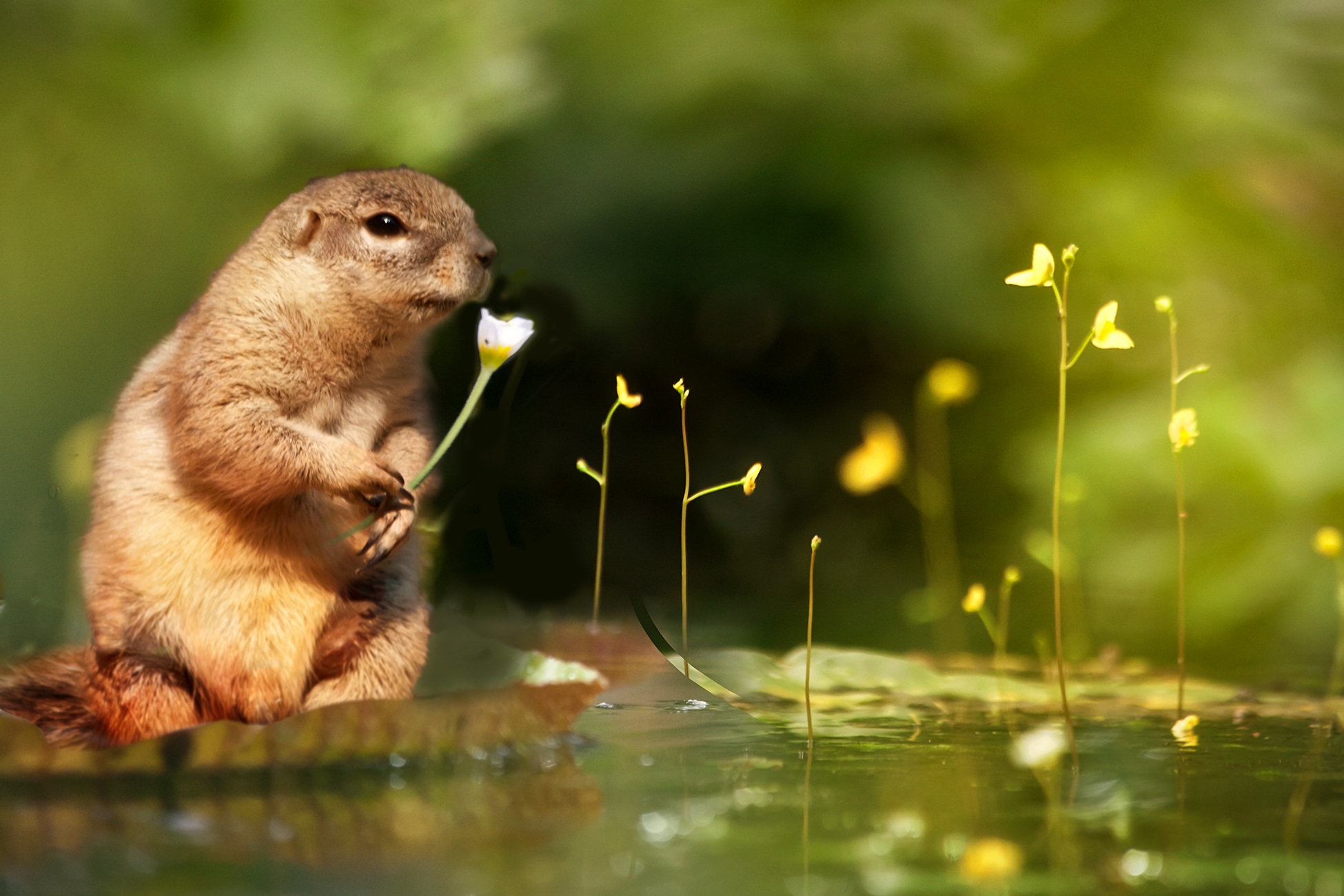 A chipmunk eats a small yellow flower.