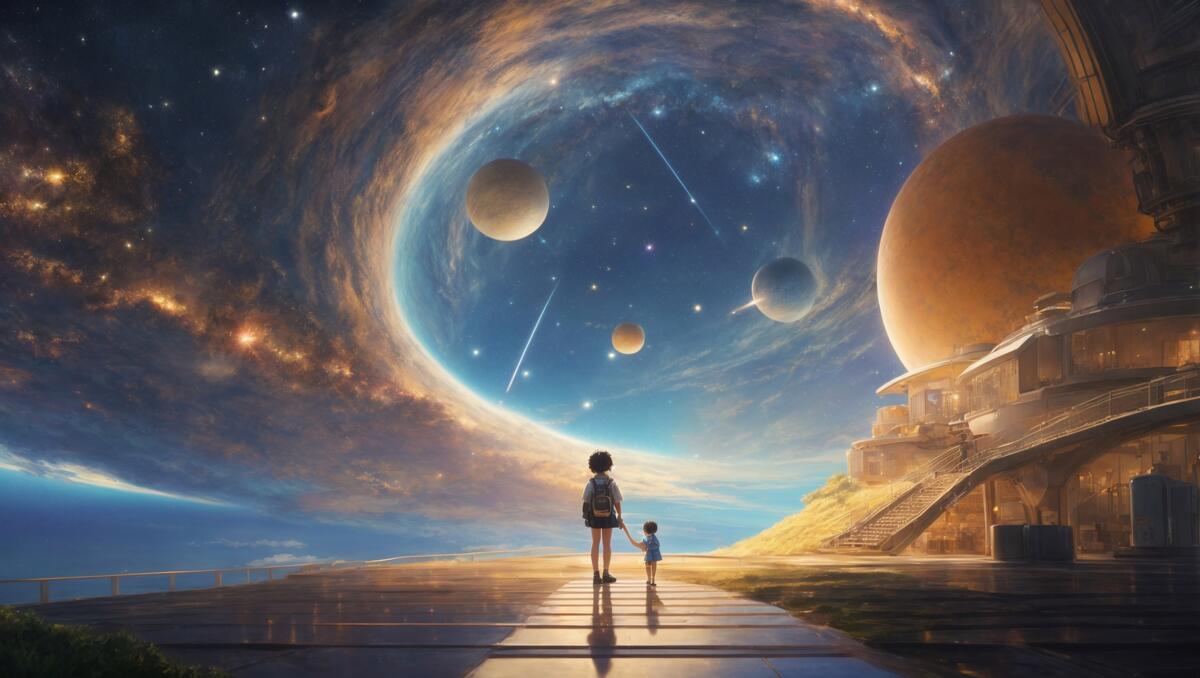 A woman stands at the edge of outer space looking at the planets.