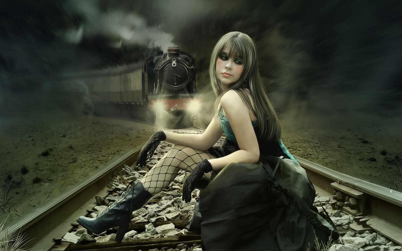 Бесплатное фото Фэнтези девушка сидит на рельсах с приближающимся поездом