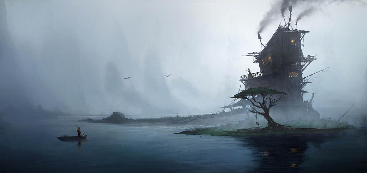 Baba Yaga`s house in a gloomy swamp.